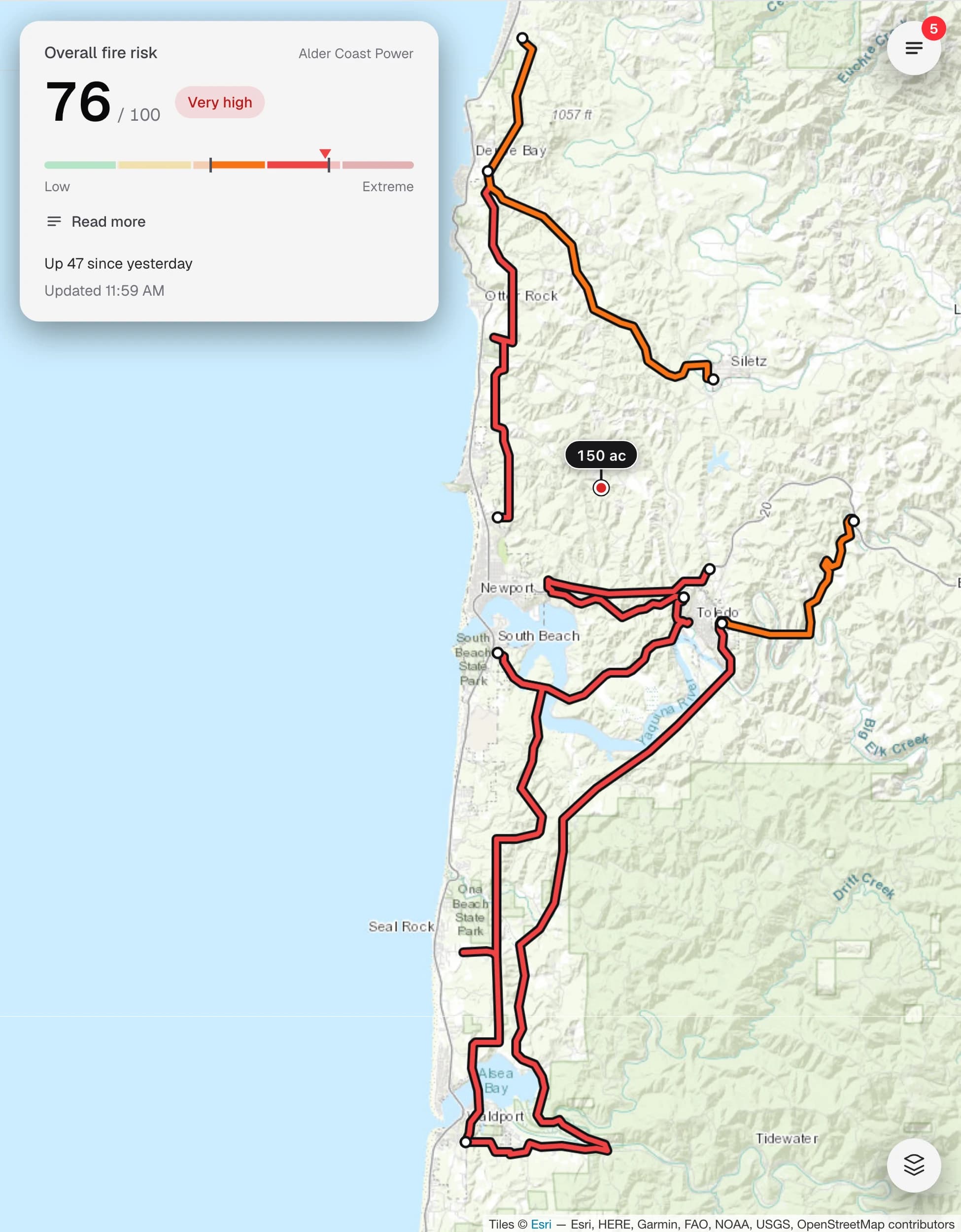 The Flarecast home screen: an overall fire risk score of 76 out of 100, rated very high, above a map of the utility's lines coloured by risk.