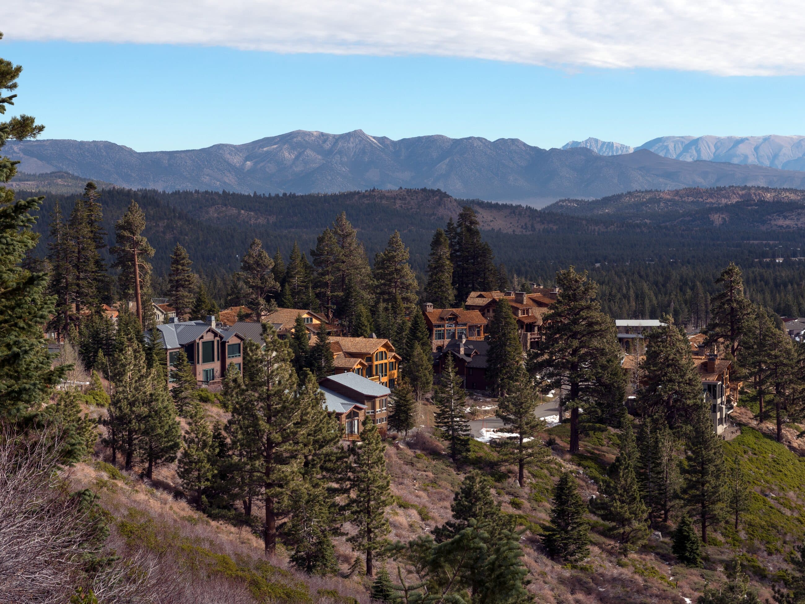 Timber-and-stone homes set among tall pines on a hillside, with forested valleys and mountains beyond.