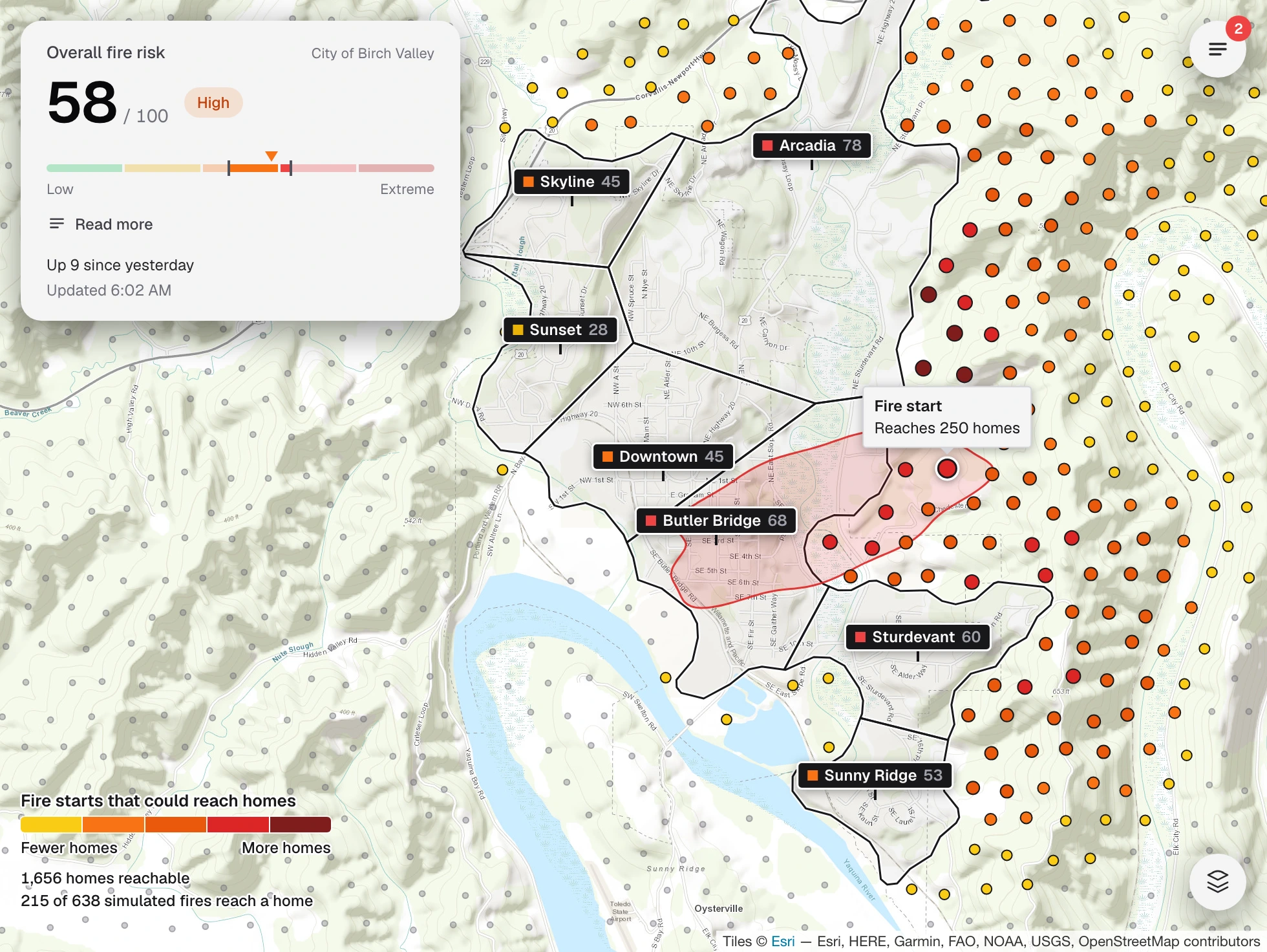 The Flarecast map for a town: neighborhoods outlined and scored, with fire start points in the surrounding hills colored by how many homes each fire could reach.