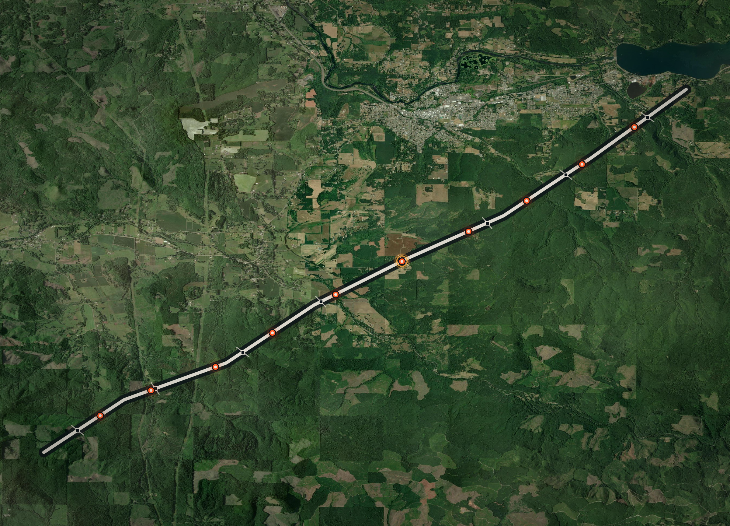 Satellite view of ignition points spaced along a transmission corridor.